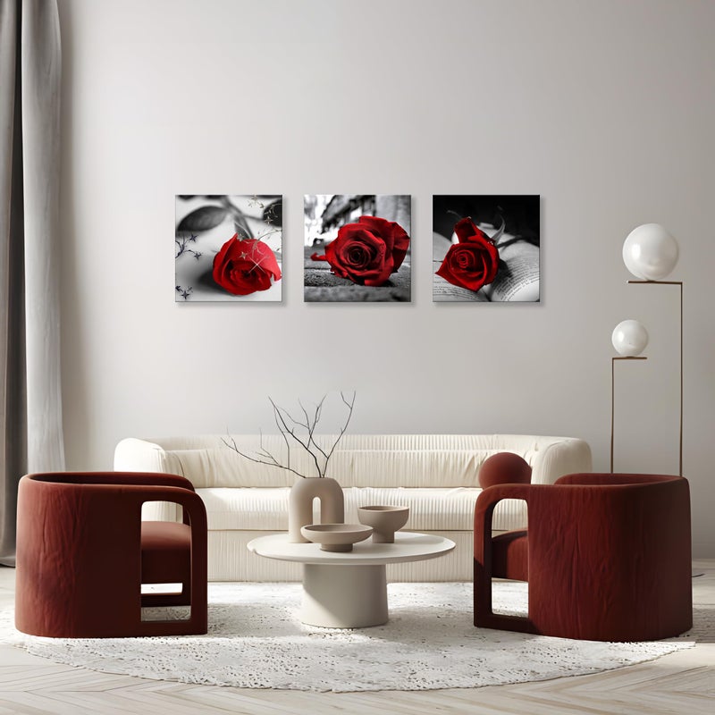 NAN Wind 3 Pcs Red Rose Canvas Art Black and White Red Wall Art Flower Picture Prints Stretched and Framed Triptych 12"X12" Floral Decor Canvas Art for Home Decor Living Room Bedroom - Image 3